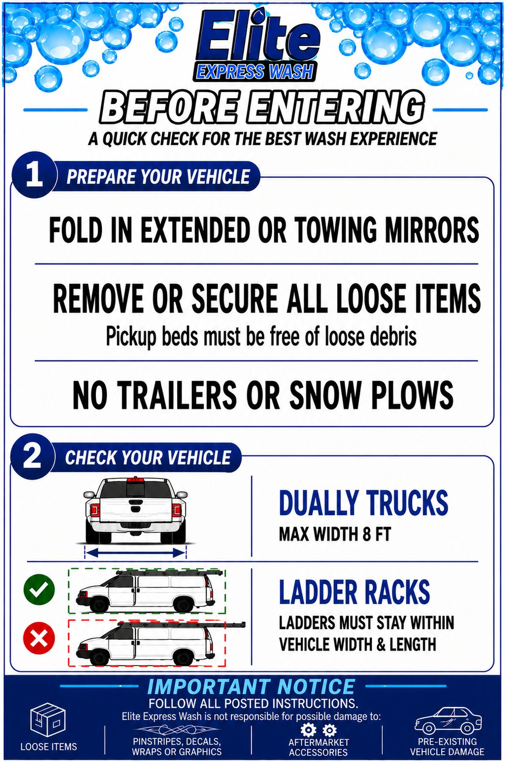 Before Entering sign: maximum vehicle height 9ft 8in, width 8ft, length 27ft. No snow plows or trailers. Ladders and equipment must be secured.